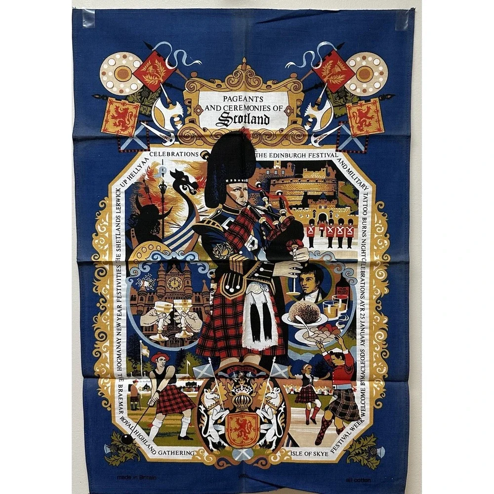 Vtg Cotton Tea Towel Pageants Ceremonies of Scotland Wall Hanging Made Britain